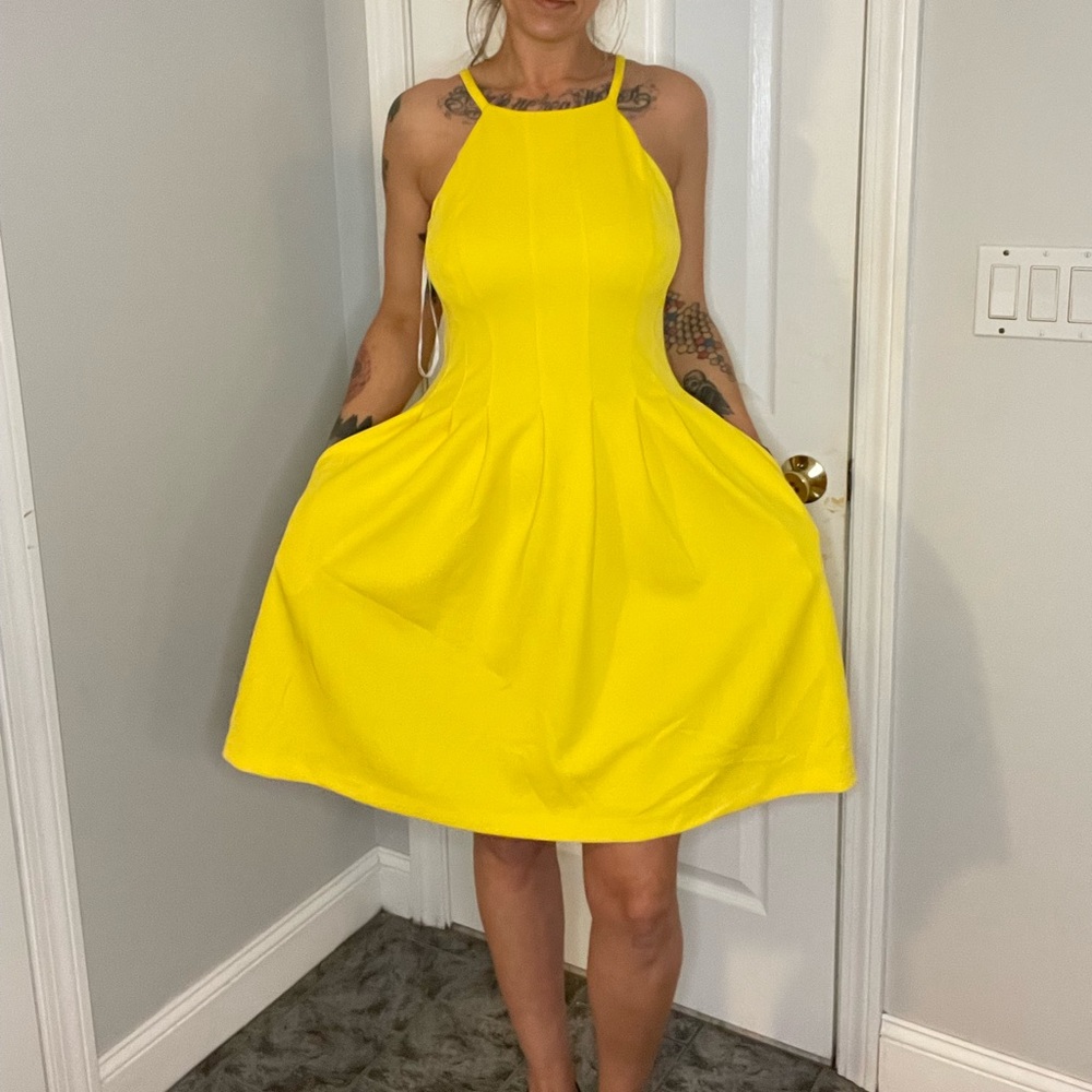 Calvin Klein Yellow Pleated Skater Dress with High Neckline